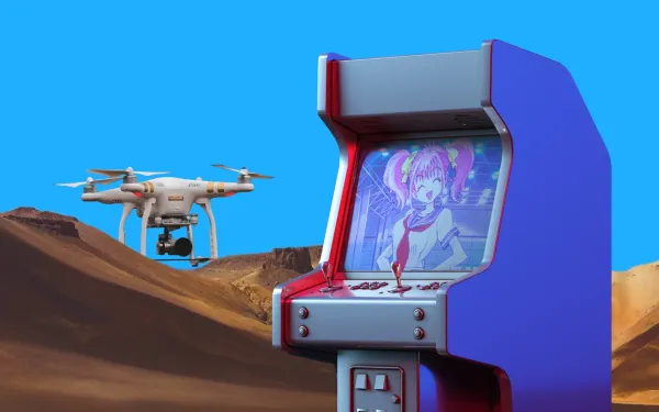 Arcade console in the desert, in front of a drone